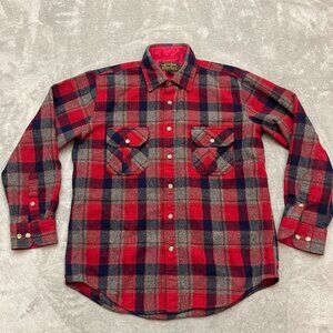 Vintage Eddie Bauer Wool Blend Red Plaid Flannel Jacket Shirt Men's Large (Flaws